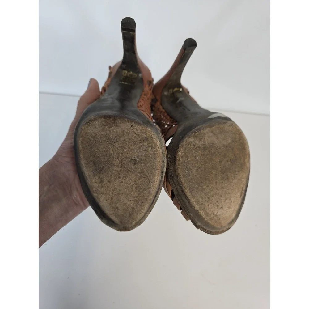 Allsaints‎ Co. Orange Leather Woven Heels Shoes Ankle Buckle 37 TAIN Distressed